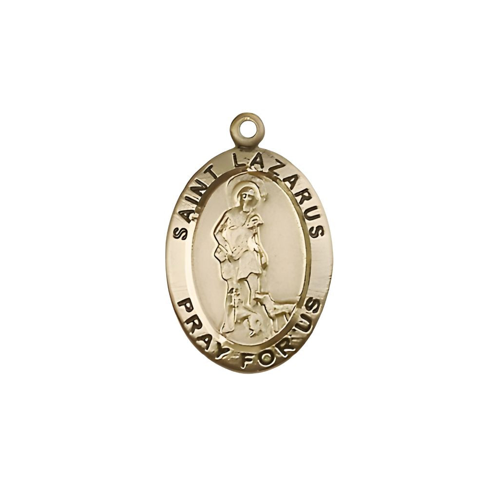 Bliss St. Lazarus 14kt Gold Oval Medal Pendant, Measures 3/4-inch tall by 1/2-inch wide.