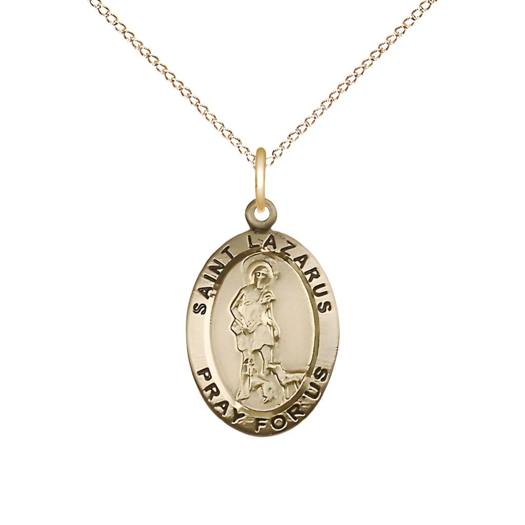 Bliss St. Lazarus 14kt Gold Oval Medal Pendant with 14kt Gold Chain, Measures 3/4-inch tall by 1/2-inch wide.