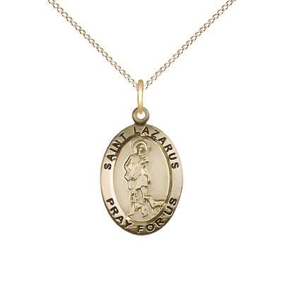 St. Lazarus 14kt Gold Oval Medal Pendant with 14kt Gold Chain, Measures 3/4-inch tall by 1/2-inch wide, Bliss Manufacturing