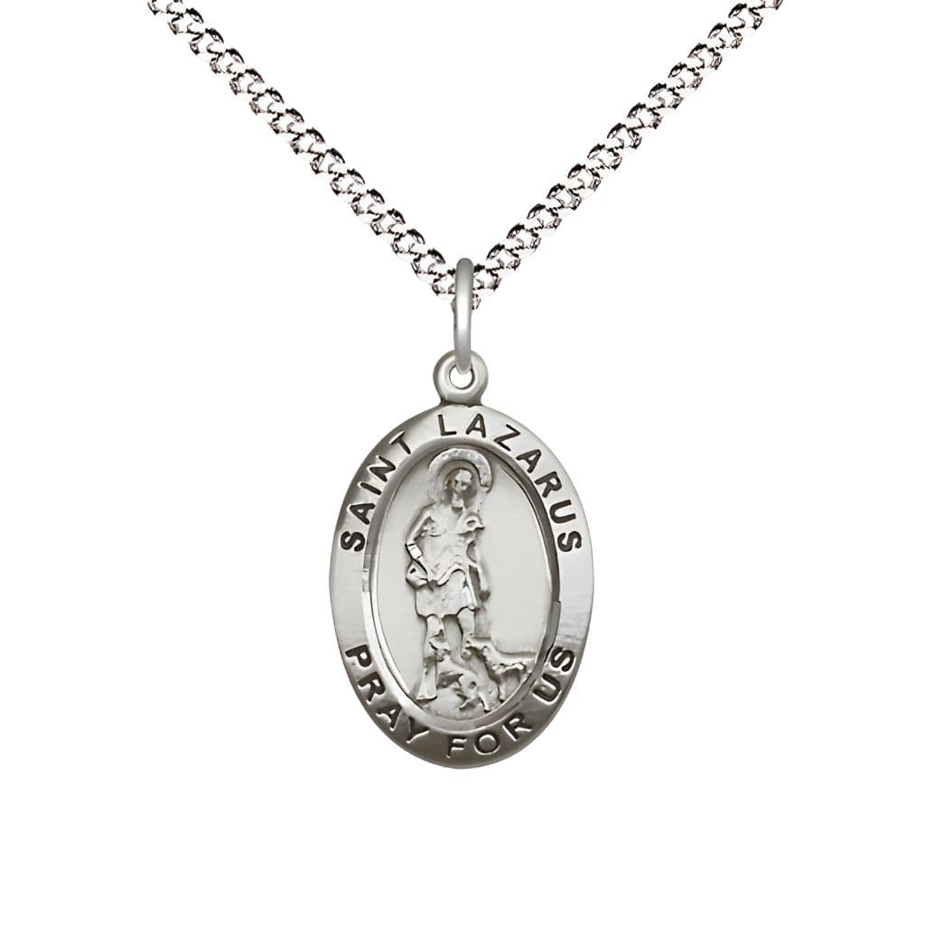 Bliss St. Lazarus Sterling Silver Oval Medal Pendant with Rhodium-plated Chain, Measures 3/4-inch tall by 1/2-inch wide.