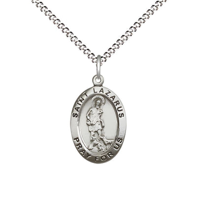 St. Lazarus Sterling Silver Oval Medal Pendant with Rhodium-plated Chain, Measures 3/4-inch tall by 1/2-inch wide, Bliss Manufacturing
