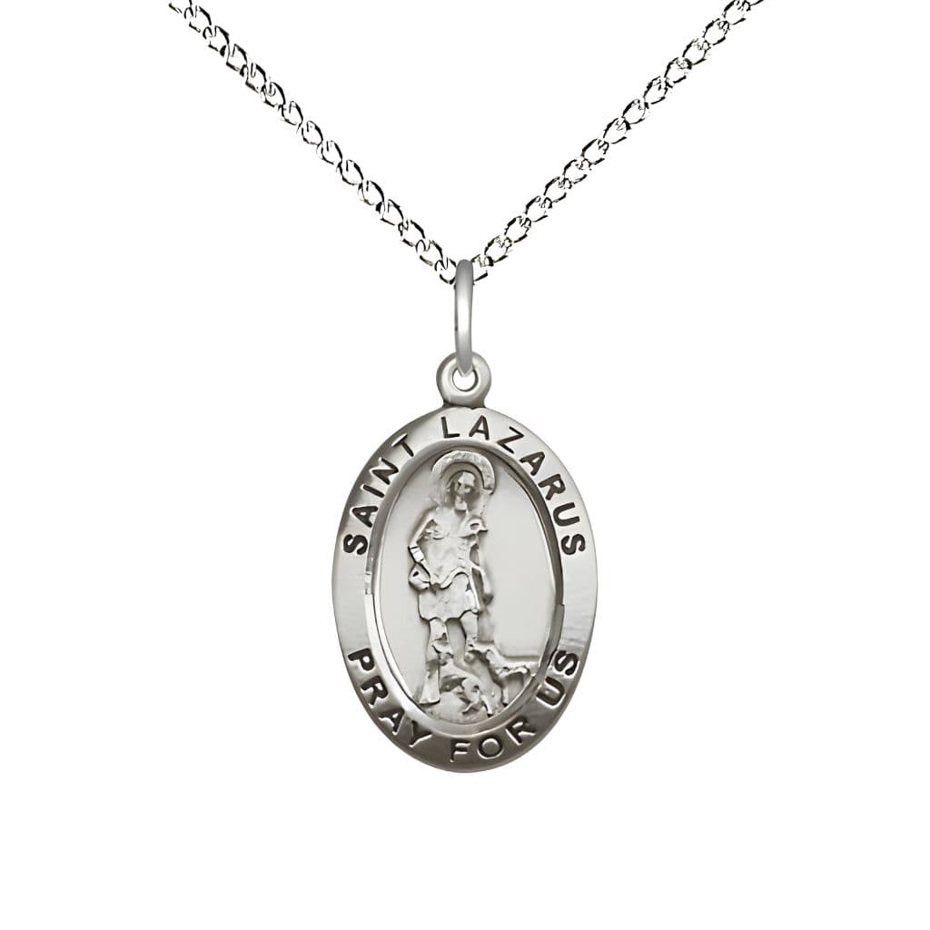 Bliss St. Lazarus Sterling Silver Oval Medal Pendant with Sterling Chain, Measures 3/4-inch tall by 1/2-inch wide.