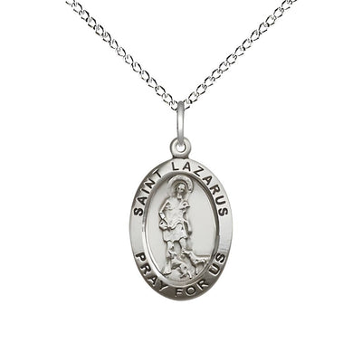 St. Lazarus Sterling Silver Oval Medal Pendant with Sterling Chain, Measures 3/4-inch tall by 1/2-inch wide, Bliss Manufacturing