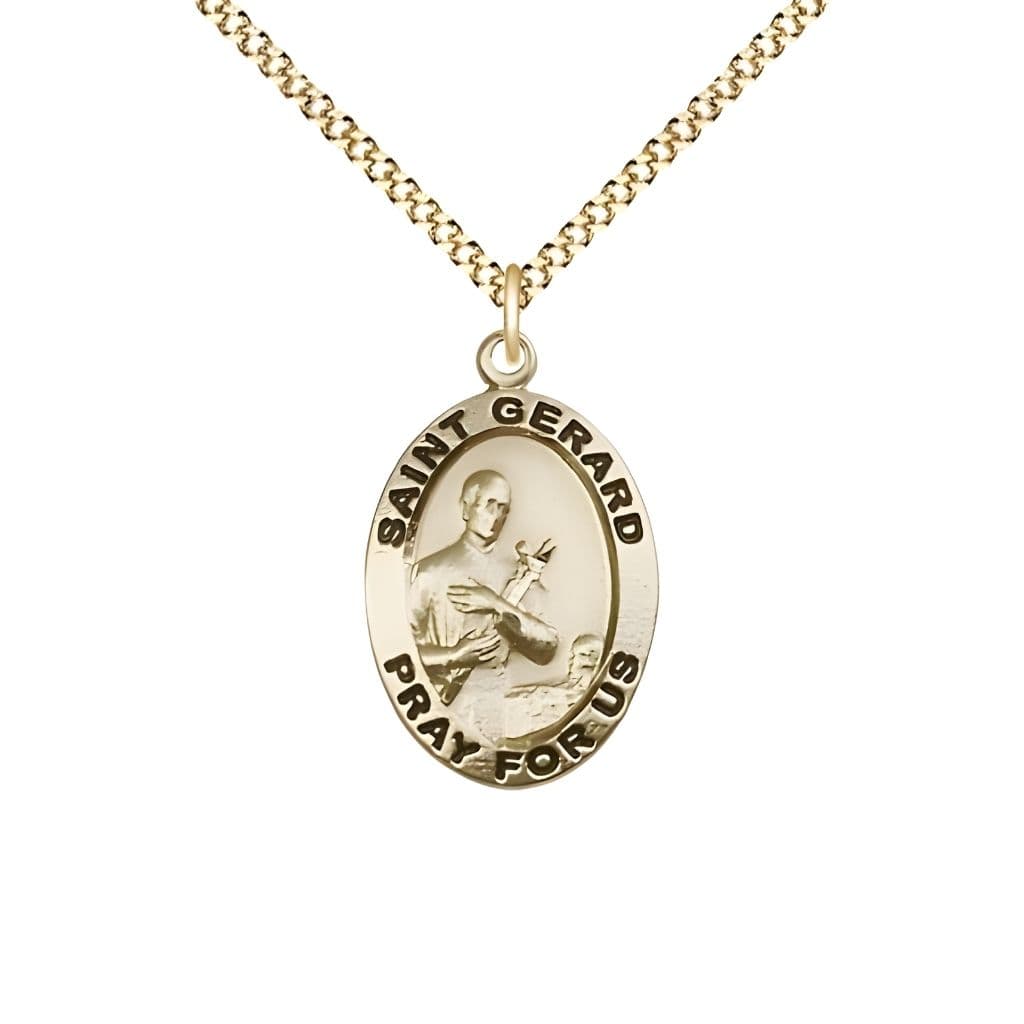 St. Gerard Majella 14kt Gold-filled Pray For Us Medal Pendant with Gold-plated Chain, Made in USA by Bliss, Measures 3/4-inch tall by 1/2-inch wide.