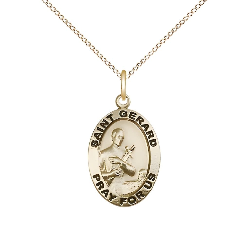 St. Gerard Majella 14kt Gold-filled Pray For Us Medal Pendant with Gold-filled Chain, Made in USA by Bliss, Measures 3/4-inch tall by 1/2-inch wide.