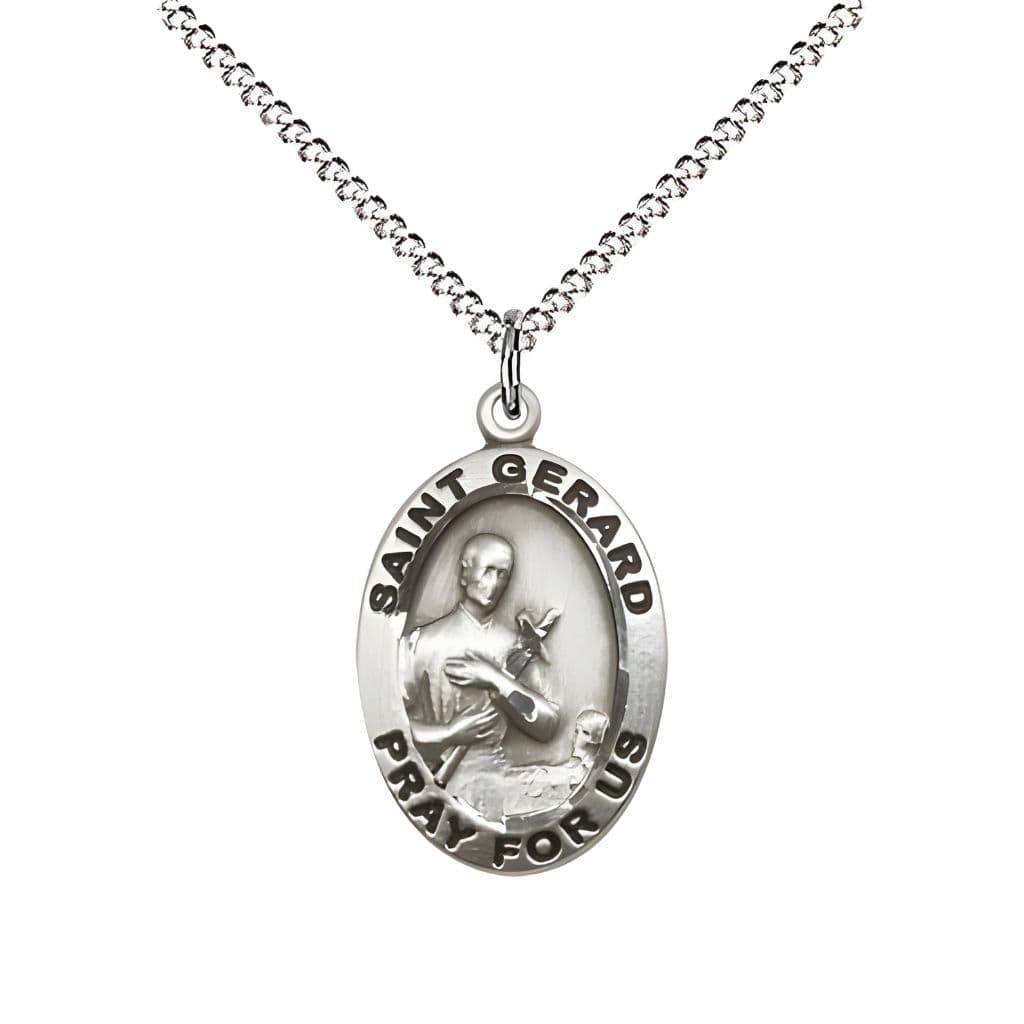 St. Gerard Majella Sterling Silver Pray For Us Medal Pendant with Rhodium-plated Chain, Made in USA by Bliss, Measures 3/4-inch tall by 1/2-inch wide.