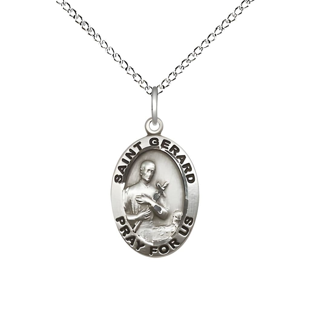 St. Gerard Majella Sterling Silver Pray For Us Medal Pendant with Sterling Silver Chain, Made in USA by Bliss, Measures 3/4-inch tall by 1/2-inch wide.