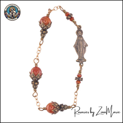 Handmade 3 Hail Mary Orange Red Fire Agate & Crystal Chaplet, bronze / sterling silver, Heavenly Divine Rosaries