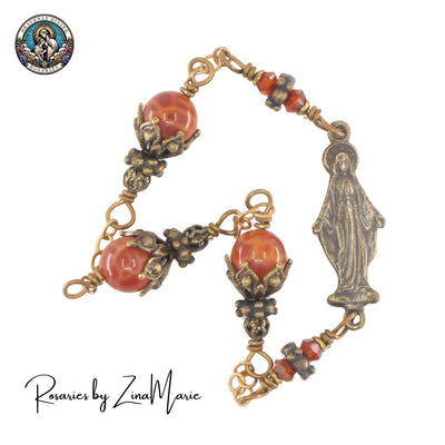 Three Hail Mary Orange Red Fire Agate & Crystal Chaplet, bronze / sterling silver, Heavenly Divine Rosaries