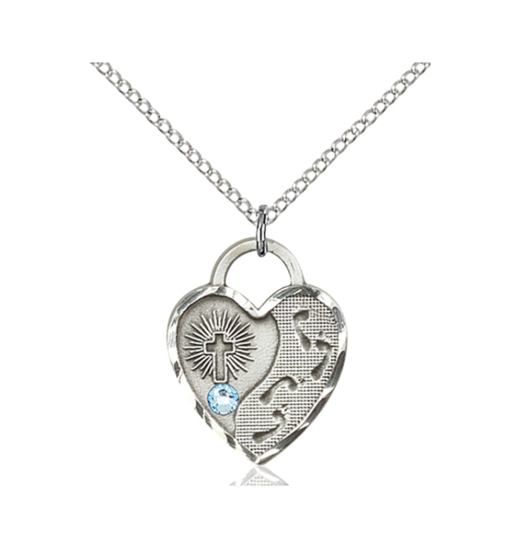 Mar Aqua  Birthstone Sterling Silver Footprints Heart Pendant w/Austrian Crystal