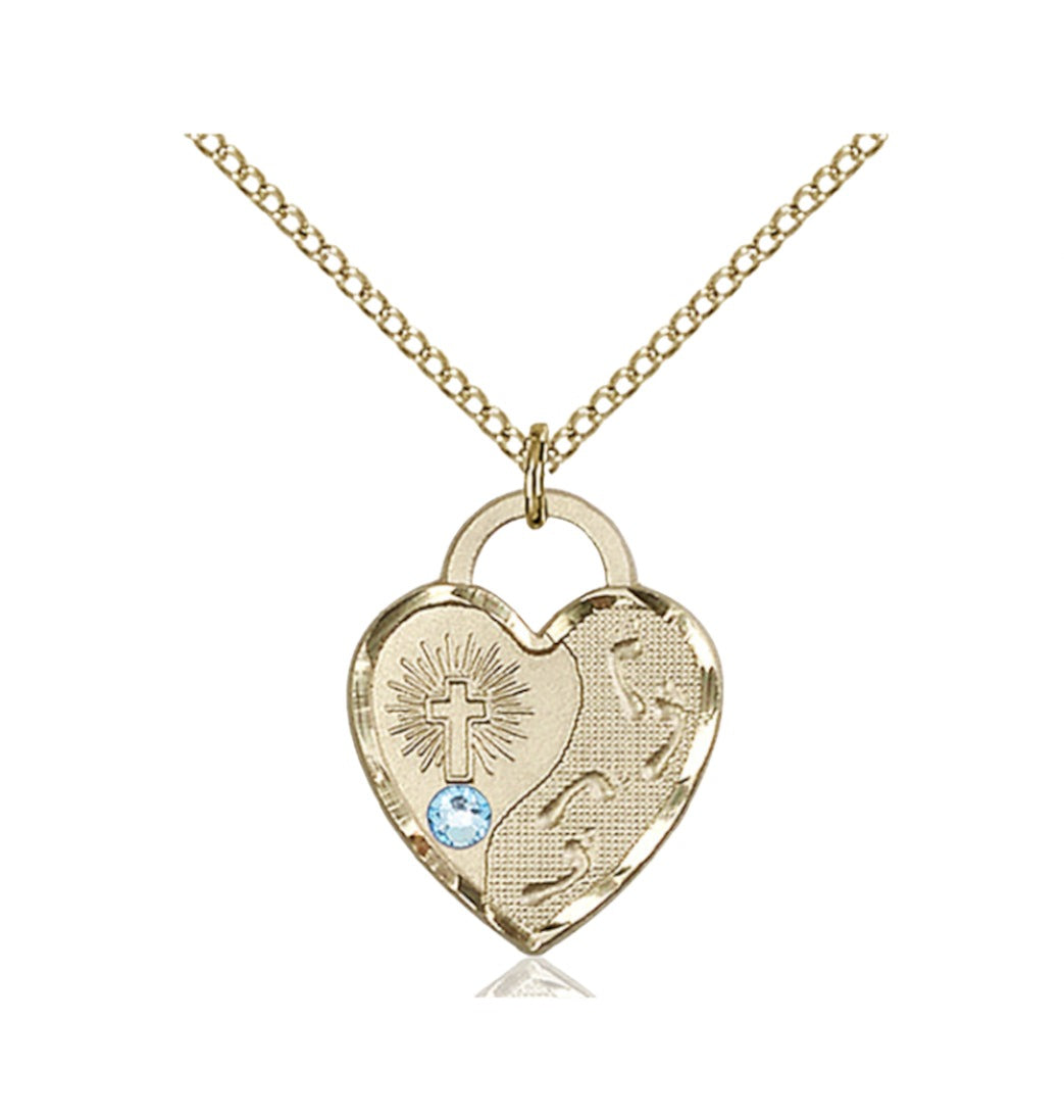 Aqua Birthstone Gold-filled Footprints Heart Pendant w/Austrian Crystal