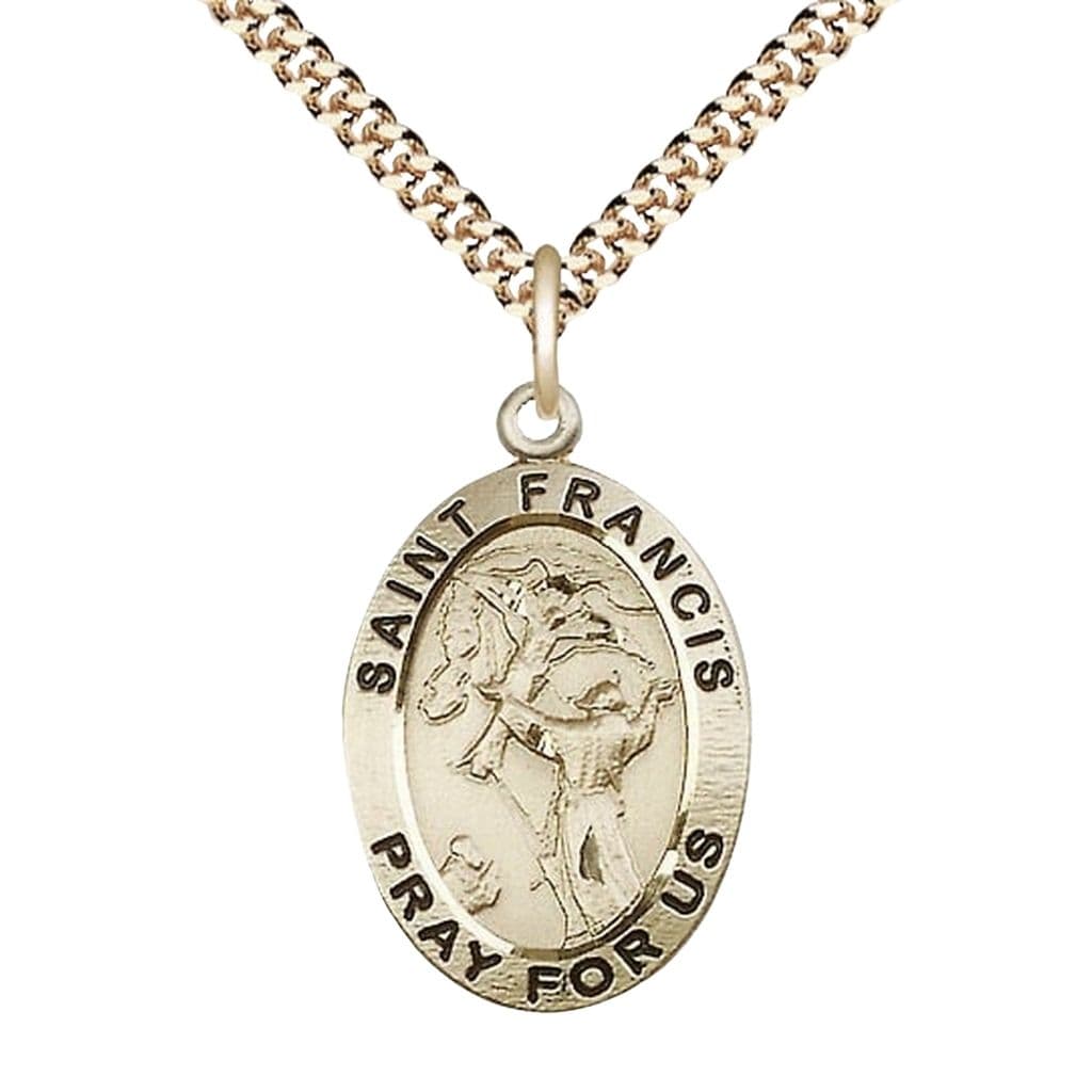 Saint Francis of Assisi Gold-filled Oval Medal with Rhodium-plated Chain, Measures 1-inch tall by 5/8-inch wide