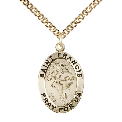 Saint Francis of Assisi Gold-filled Oval Medal with Gold-filled Chain, Measures 1-inch tall by 5/8-inch wide, Bliss Manufacturing
