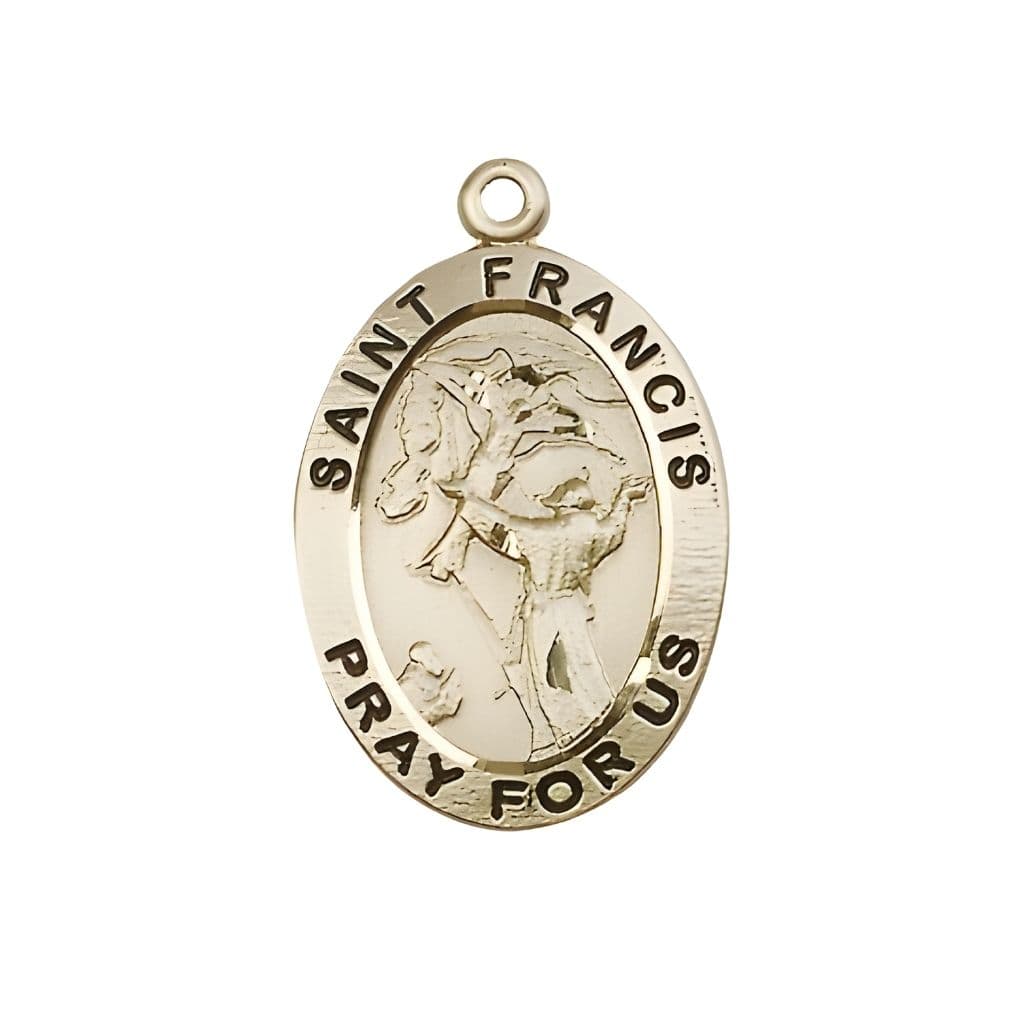 Saint Francis of Assisi 14kt Gold Oval Medal, Measures 1-inch tall by 5/8-inch wide