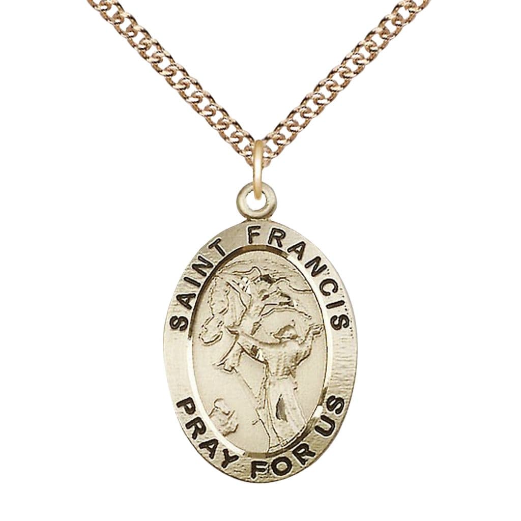 Saint Francis of Assisi 14kt Gold Oval Medal with 14kt Gold Curb Chain, Measures 1-inch tall by 5/8-inch wide