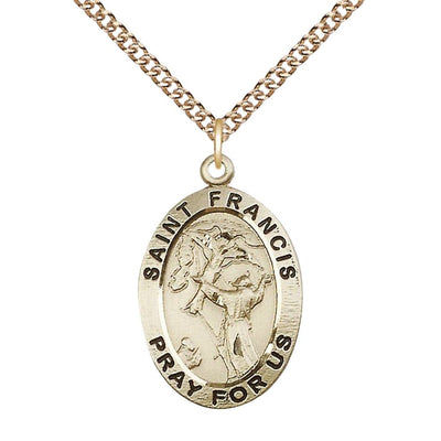 Saint Francis of Assisi 14kt Gold Oval Medal with 14kt Gold Curb Chain, Measures 1-inch tall by 5/8-inch wide, Bliss Manufacturing