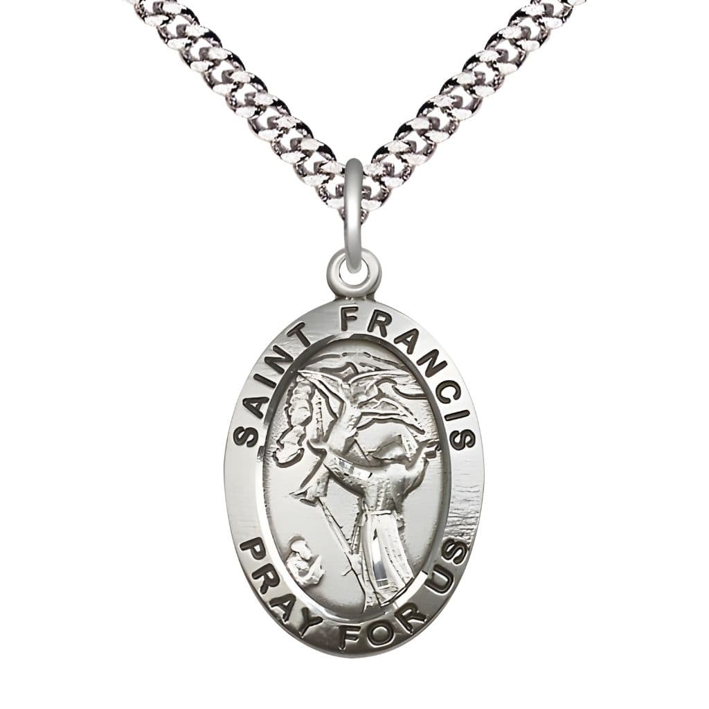Saint Francis of Assisi Sterling Silver Oval Medal with Rhodium-plated Chain, Measures 1-inch tall by 5/8-inch wide