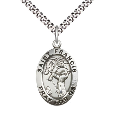 Saint Francis of Assisi Sterling Silver Oval Medal with Rhodium-plated Chain, Measures 1-inch tall by 5/8-inch wide, Bliss Manufacturing
