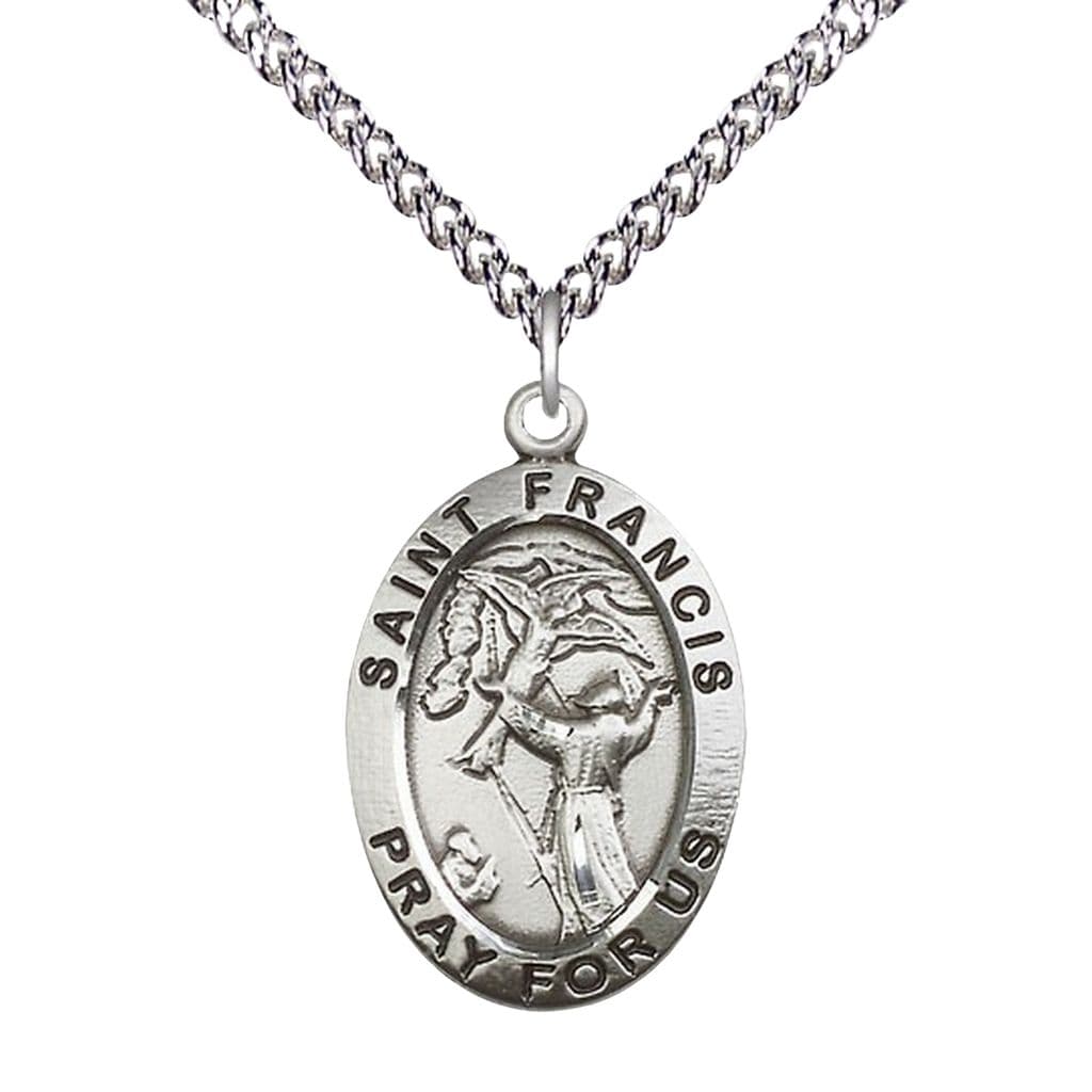Saint Francis of Assisi Sterling Silver Oval Medal with Sterling Silver Chain, Measures 1-inch tall by 5/8-inch wide