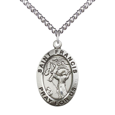 Saint Francis of Assisi Sterling Silver Oval Medal with Sterling Silver Chain, Measures 1-inch tall by 5/8-inch wide, Bliss Manufacturing