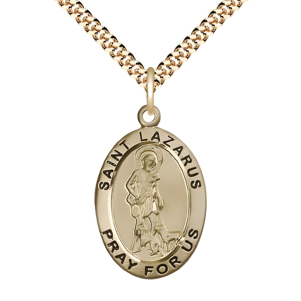 Bliss St. Lazarus 14kt Gold-filled Oval Medal Pendant with Gold-plated Chain, Measures 1-inch tall by 5/8-inch wide.