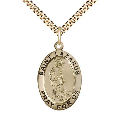 St. Lazarus 14kt Gold-filled Oval Medal Pendant with Gold-plated Chain, Measures 1-inch tall by 5/8-inch wide, Bliss Manufacturing