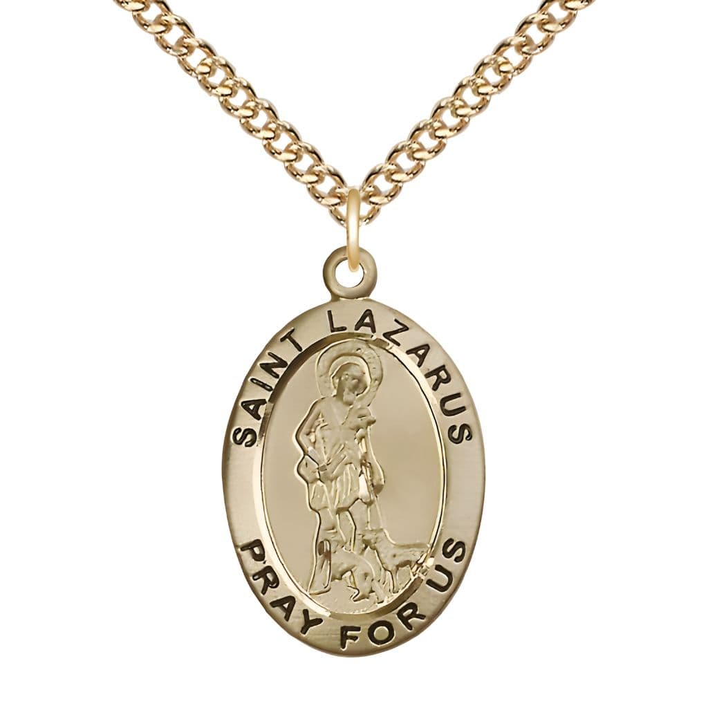 Bliss St. Lazarus 14kt Gold-filled Oval Medal Pendant with Gold-filled Chain, Measures 1-inch tall by 5/8-inch wide.