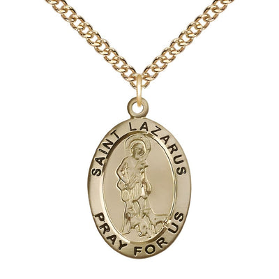 St. Lazarus 14kt Gold-filled Oval Medal Pendant with Gold-filled Chain, Measures 1-inch tall by 5/8-inch wide, Bliss Manufacturing