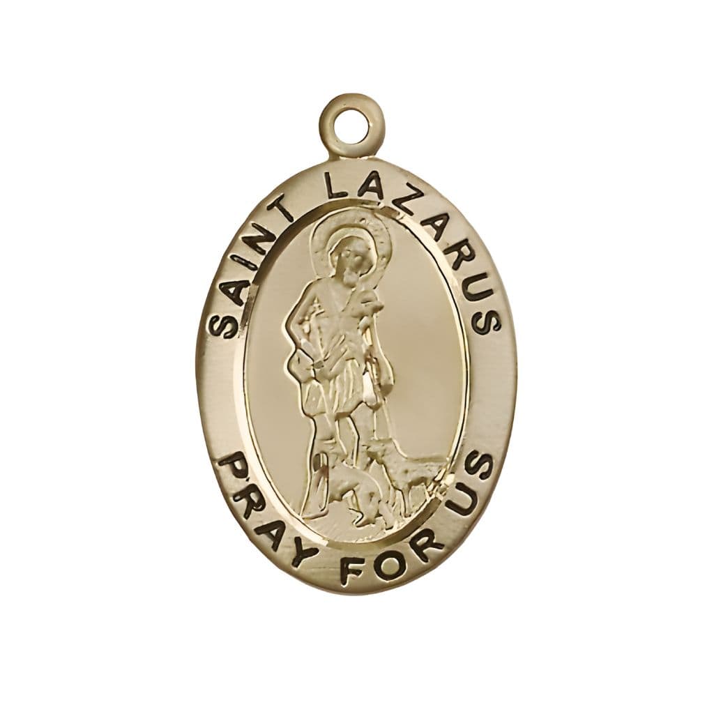 Bliss St. Lazarus 14kt Gold Oval Medal Pendant, Measures 1-inch tall by 5/8-inch wide.