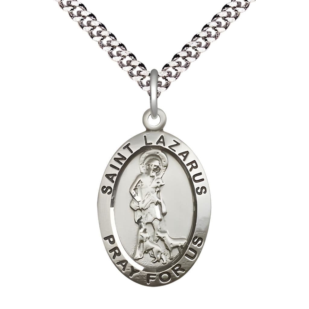 Bliss St. Lazarus Sterling Silver Oval Medal Pendant with Plated Chain, Measures 1-inch tall by 5/8-inch wide.