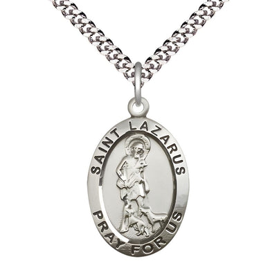 St. Lazarus Sterling Silver Oval Medal Pendant with Plated Chain, Measures 1-inch tall by 5/8-inch wide, Bliss Manufacturing