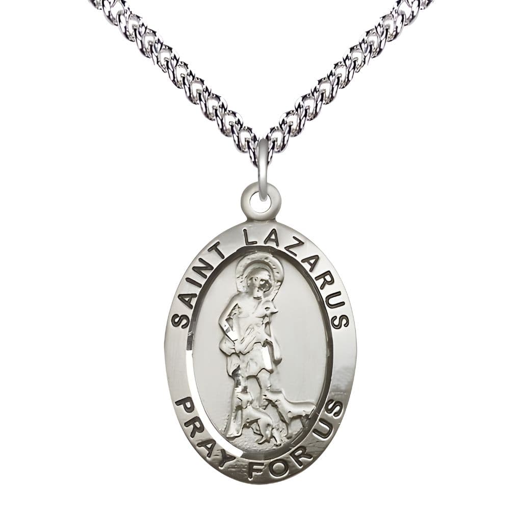 Bliss St. Lazarus Sterling Silver Oval Medal Pendant with Sterling Silver Chain, Measures 1-inch tall by 5/8-inch wide.
