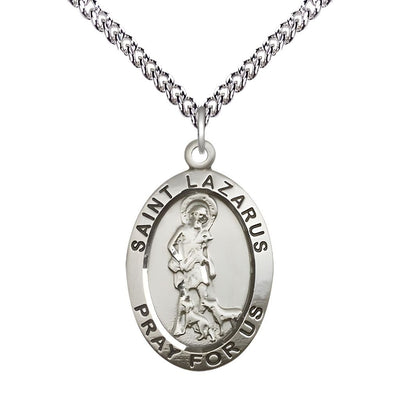 St. Lazarus Sterling Silver Oval Medal Pendant with Sterling Silver Chain, Measures 1-inch tall by 5/8-inch wide, Bliss Manufacturing