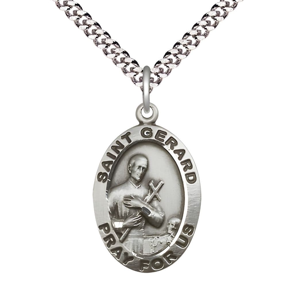 St. Gerard Majella Sterling Silver Pray For Us Large Medal Pendant with Rhodium-plated Chain, Made in USA by Bliss, Measures 1-inch tall by 5/8-inch wide.