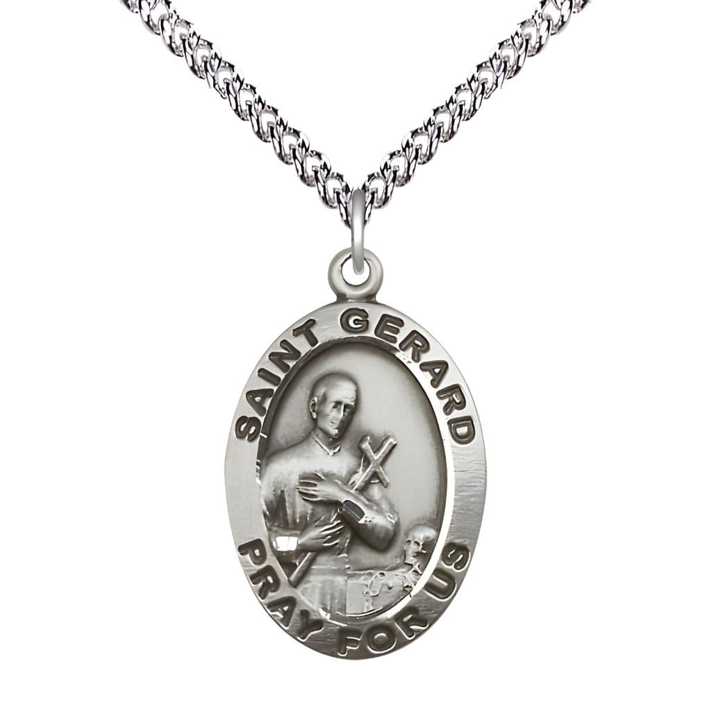 St. Gerard Majella Sterling Silver Pray For Us Large Medal Pendant with Sterling Silver Chain, Made in USA by Bliss, Measures 1-inch tall by 5/8-inch wide.