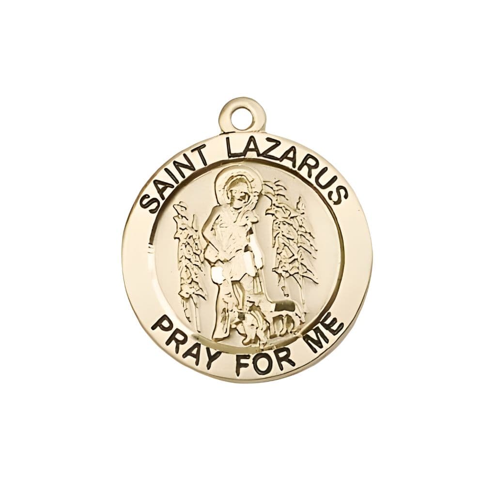 Bliss St. Lazarus 14kt Gold Round Medal Pendant, Measures 3/4-inch tall by 3/4-inch wide.