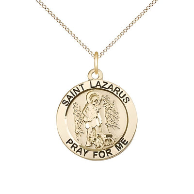 St. Lazarus 14kt Gold Round Medal Pendant with 14kt Gold Chain, Measures 3/4-inch tall by 3/4-inch wide, Bliss Manufacturing