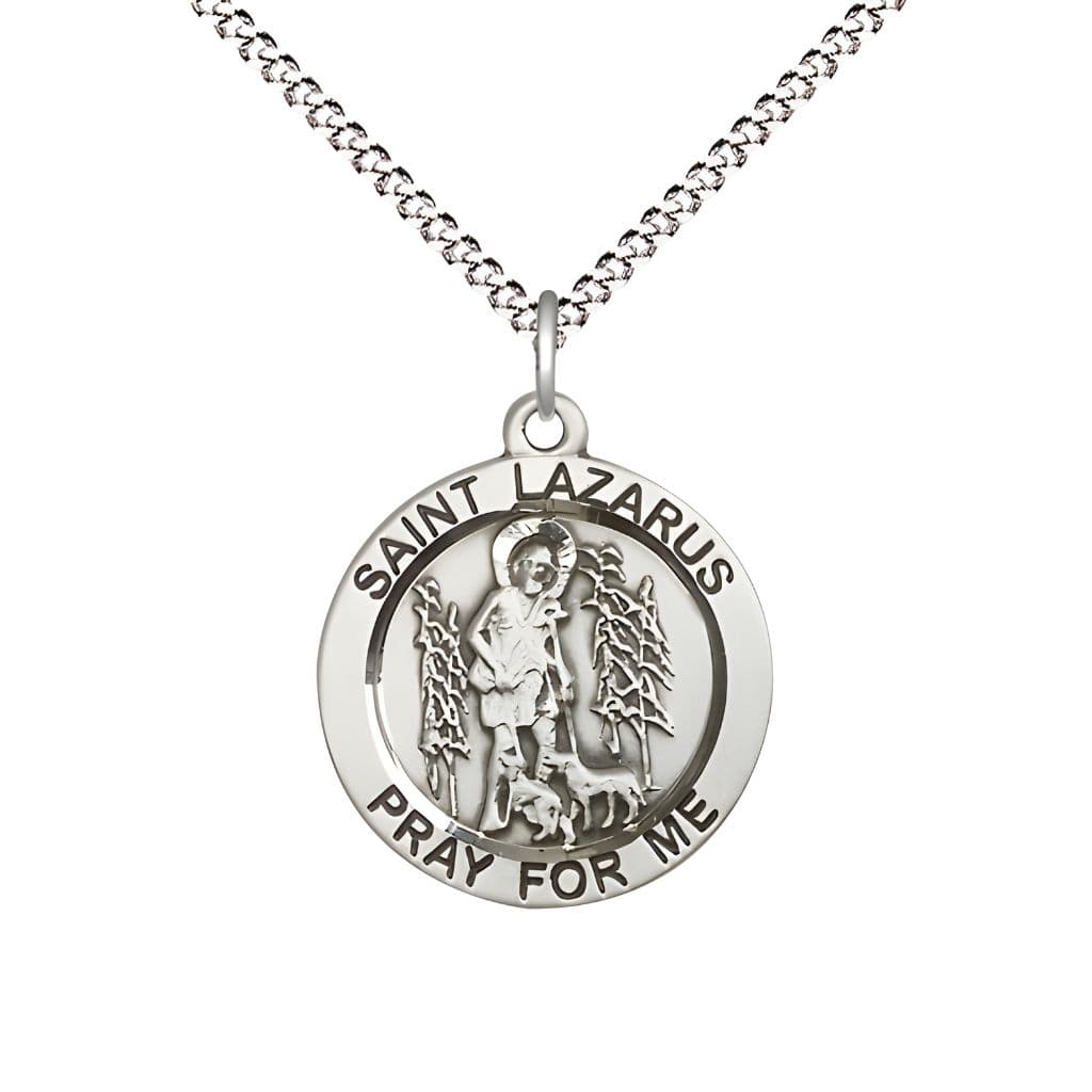 Bliss St. Lazarus Sterling Silver Round Medal Pendant with Rhodium-plated Chain, Measures 3/4-inch tall by 3/4-inch wide.