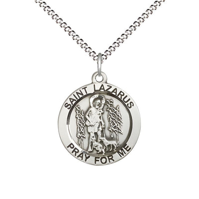 St. Lazarus Sterling Silver Round Medal Pendant with Rhodium-plated Chain, Measures 3/4-inch tall by 3/4-inch wide, Bliss Manufacturing