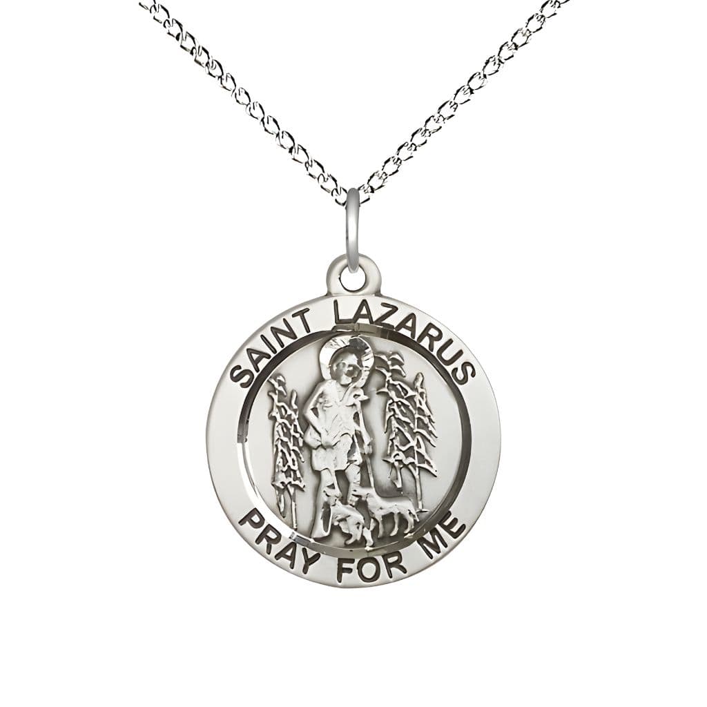 Bliss St. Lazarus Sterling Silver Round Medal Pendant with Sterling Chain, Measures 3/4-inch tall by 3/4-inch wide.