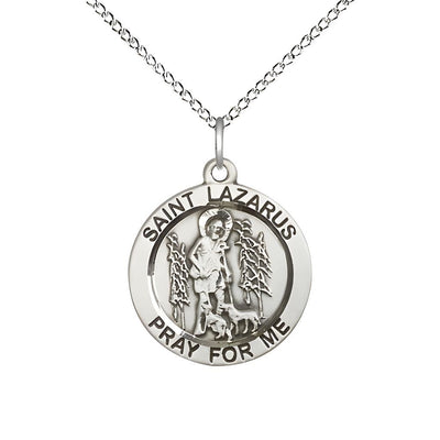 St. Lazarus Sterling Silver Round Medal Pendant with Sterling Chain, Measures 3/4-inch tall by 3/4-inch wide, Bliss Manufacturing