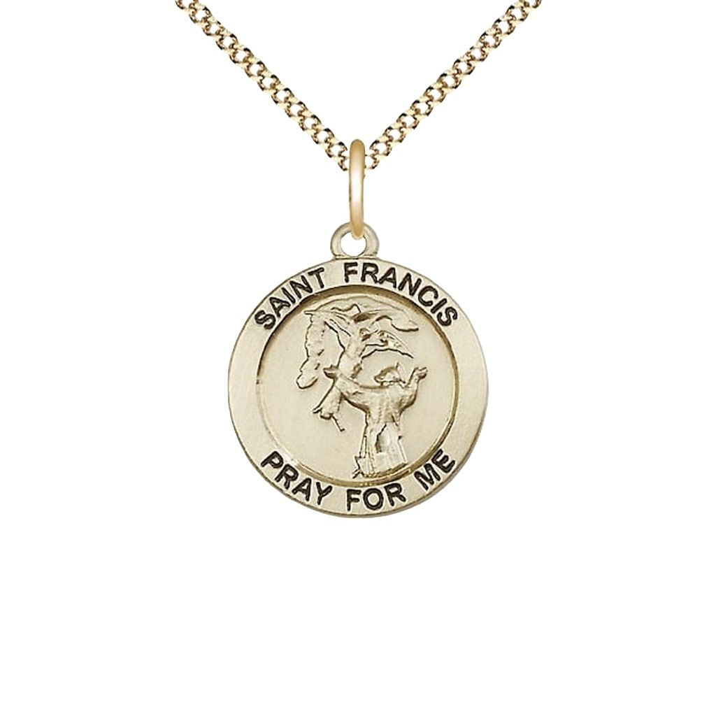 Bliss St. Francis of Assisi 14kt Gold-filled Round Medal with Gold-plated Curb Chain, 3/4-inch tall by 3/4-inch wide,
