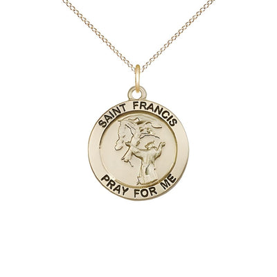 St. Francis of Assisi 14kt Gold Round Medal with 14kt Gold Curb Chain, 3/4-inch tall by 3/4-inch wide, Bliss Manufacturing