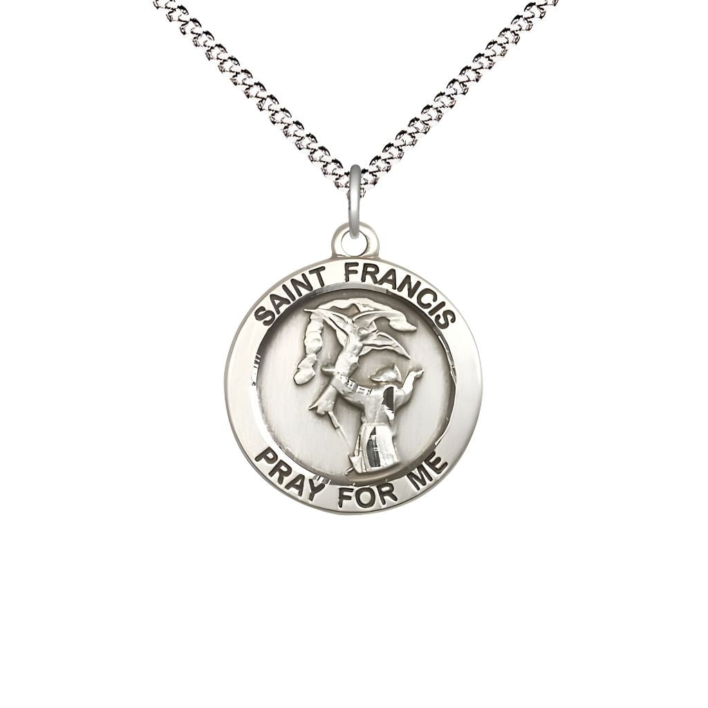 Bliss St. Francis of Assisi Sterling Silver Round Medal with Plated Curb Chain, 3/4-inch tall by 3/4-inch wide,