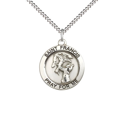 St. Francis of Assisi Sterling Silver Round Medal with Plated Curb Chain, 3/4-inch tall by 3/4-inch wide, Bliss Manufacturing