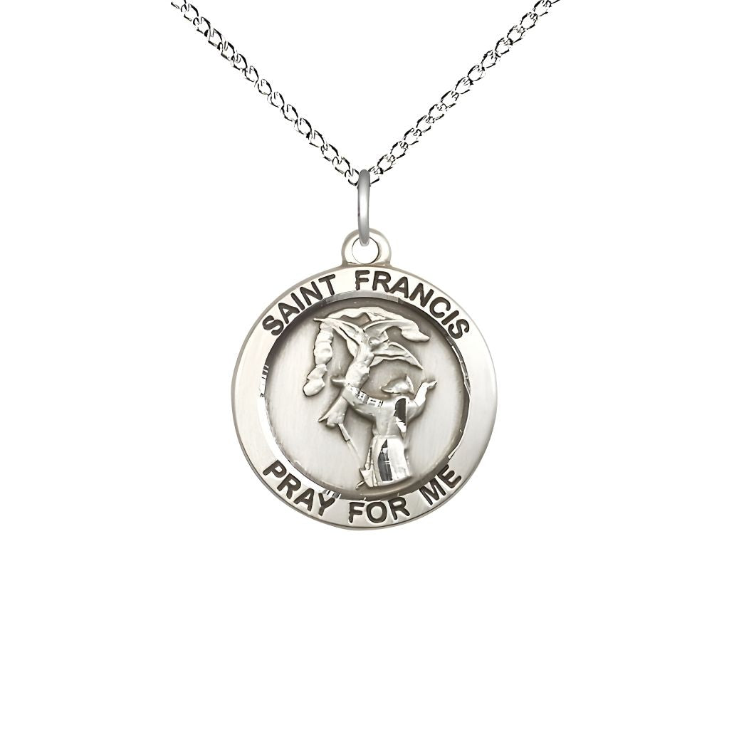 Bliss St. Francis of Assisi Sterling Silver Round Medal with Sterling Silver Curb Chain, 3/4-inch tall by 3/4-inch wide,