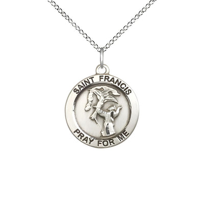 St. Francis of Assisi Sterling Silver Round Medal with Sterling Silver Curb Chain, 3/4-inch tall by 3/4-inch wide, Bliss Manufacturing