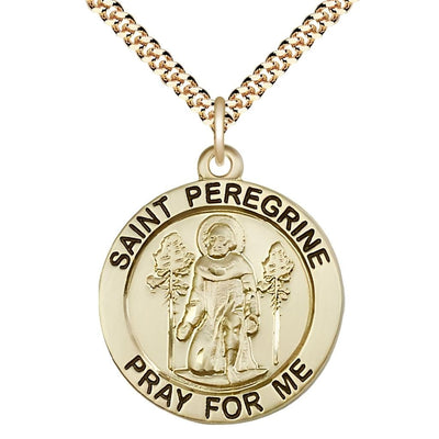 St. Peregrine Laziosi Pray for Us 14kt Gold-filled Round Medal Pendant with Gold-plated Chain, Measures 1-inch tall by 7/8-inch wide. Deluxe Gift Box, Bliss Manufacturing