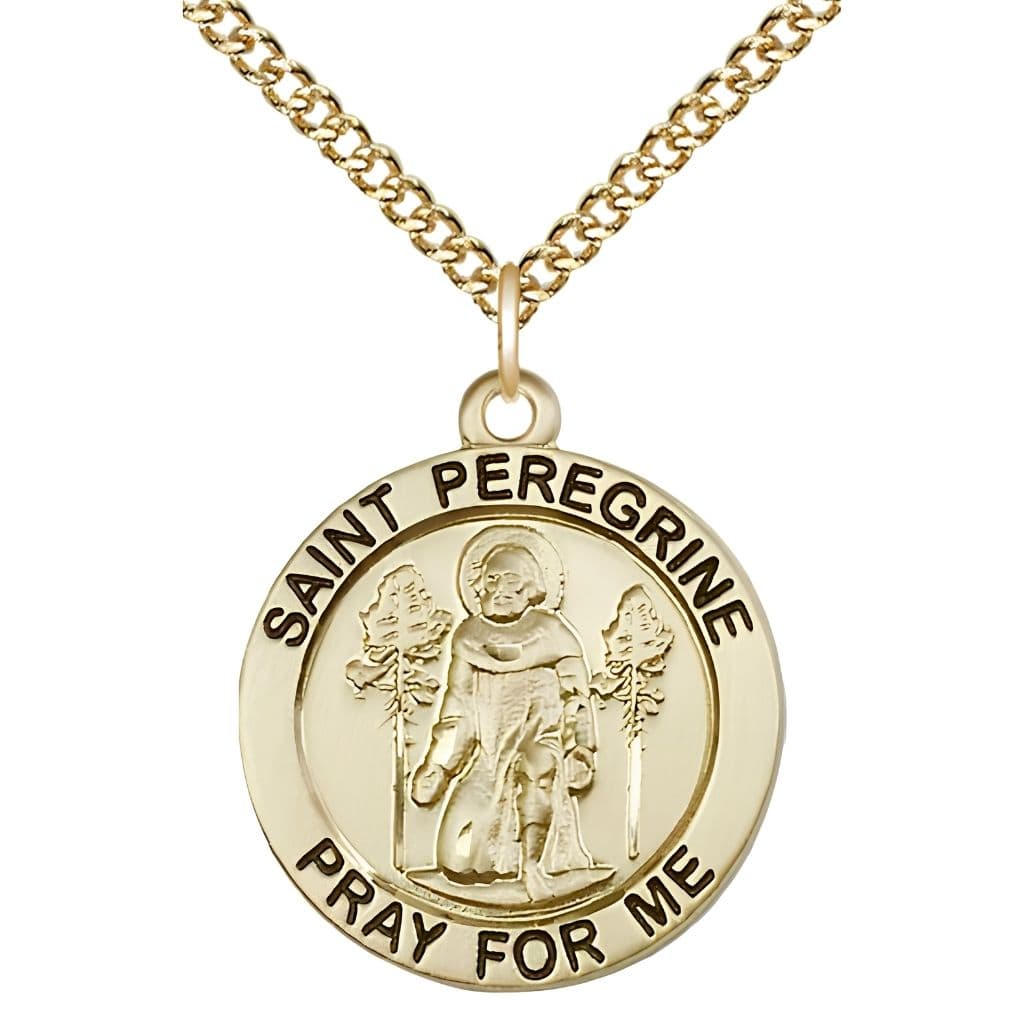 Bliss St. Peregrine Laziosi Pray for Us 14kt Gold-filled Round Medal Pendant with Gold-filled Chain, Measures 1-inch tall by 7/8-inch wide. Deluxe Gift Box.
