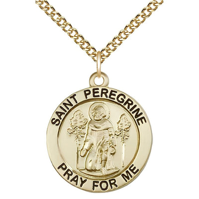 St. Peregrine Laziosi Pray for Us 14kt Gold-filled Round Medal Pendant with Gold-filled Chain, Measures 1-inch tall by 7/8-inch wide. Deluxe Gift Box, Bliss Manufacturing